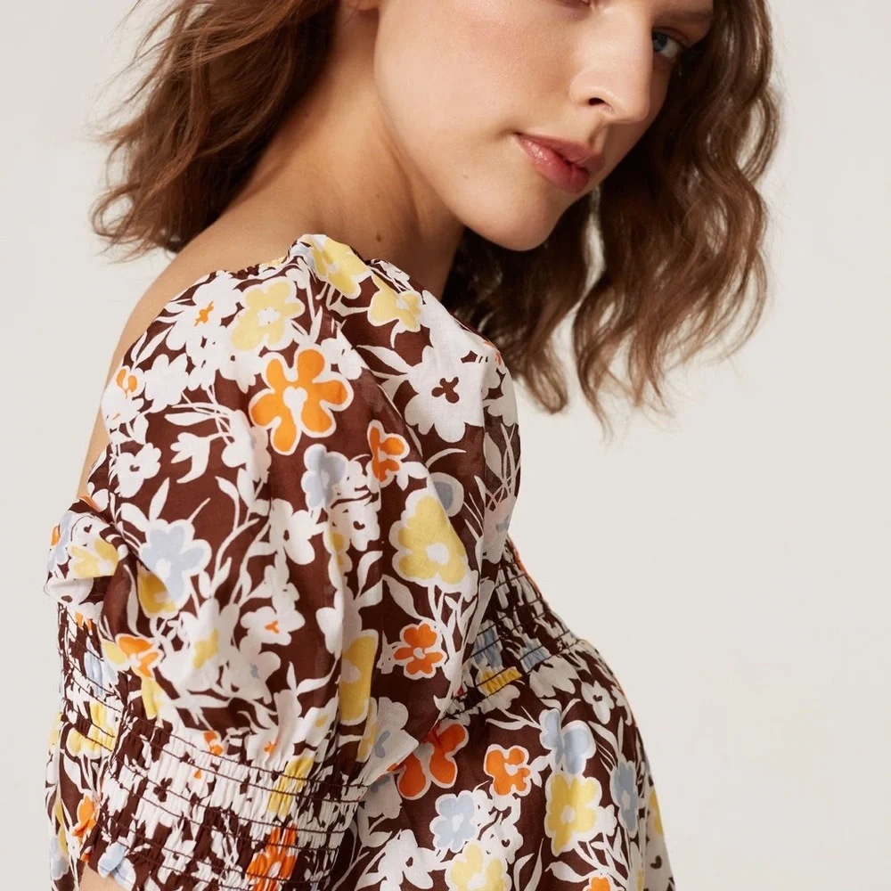 Tory Burch Floral Smocked Puff Sleeve Babydoll Dress